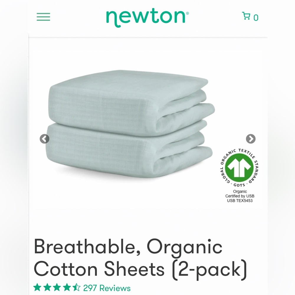Newton Baby Sheets (2 pack)- Breathable Organic Muslin Cotton. Color: Sage